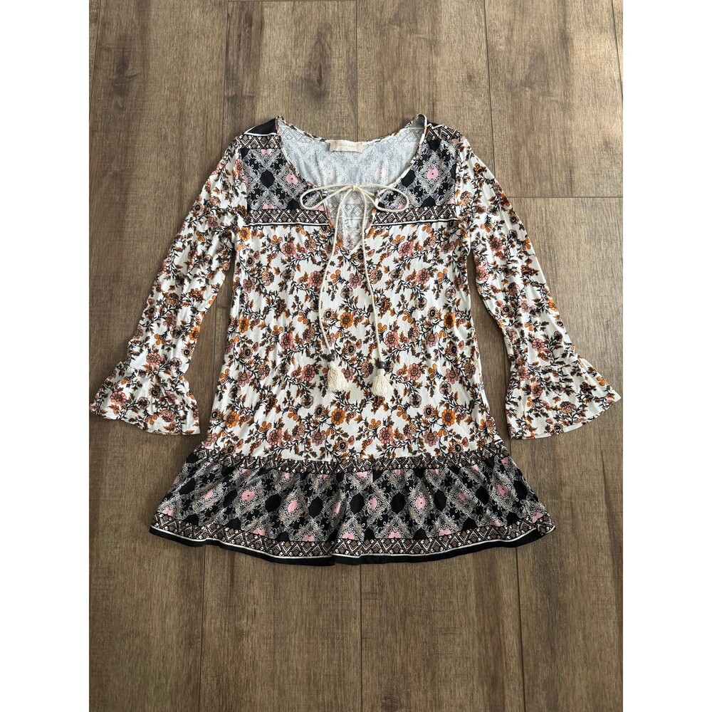 Altar’d State Boho Floral Tunic Blouse Cream Multi Mixed Print Tie Neck Peasant